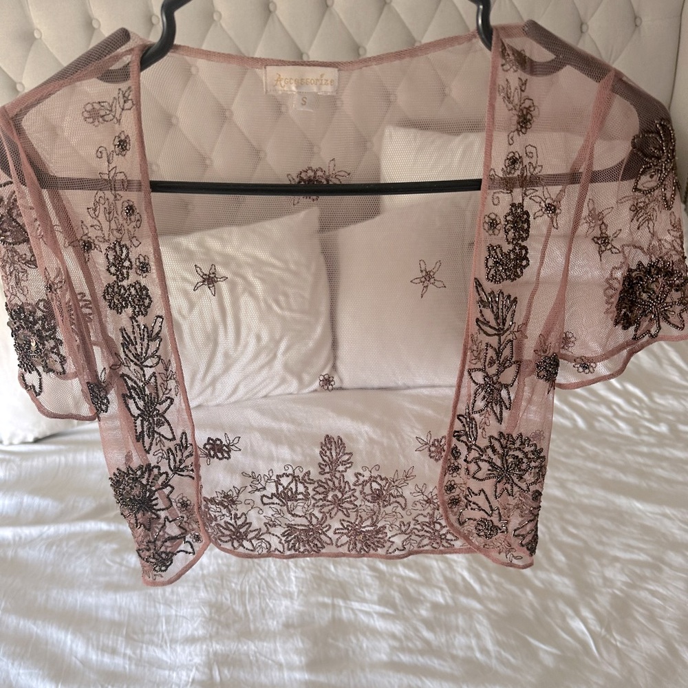 New without tags, Accessorize coral-pink, hand-beaded sheer party bolero